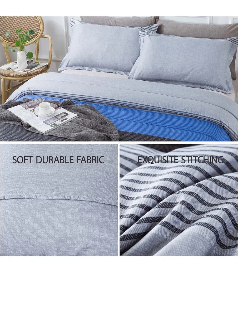 Andency Stripe Blue Comforter Set King Size, 3 Pieces Gray and Blue Patchwork